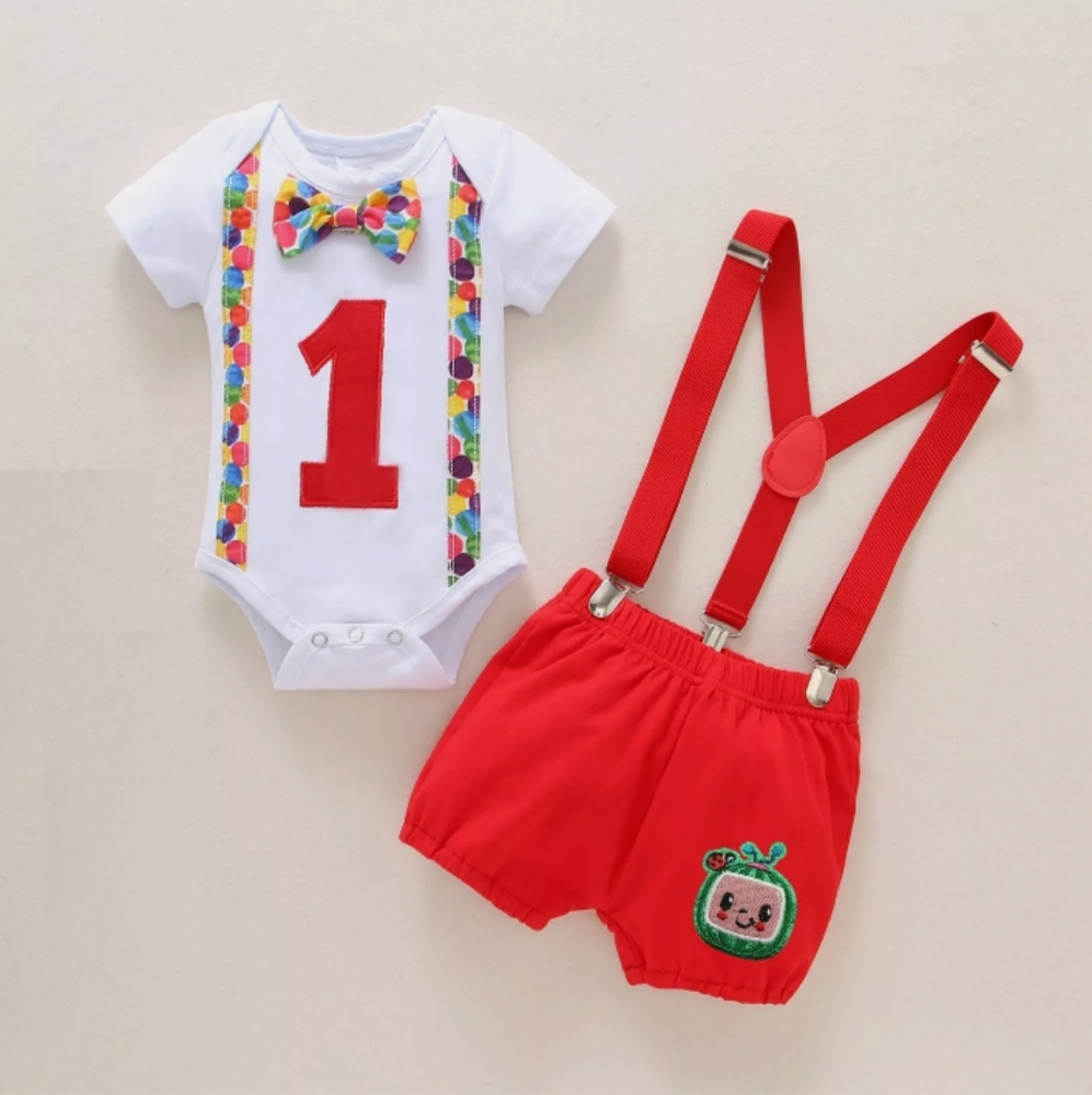 Cocomelon Boy Smash Cake Birthday Outfit Clothes Suspenders Bloomers Bodysuit
